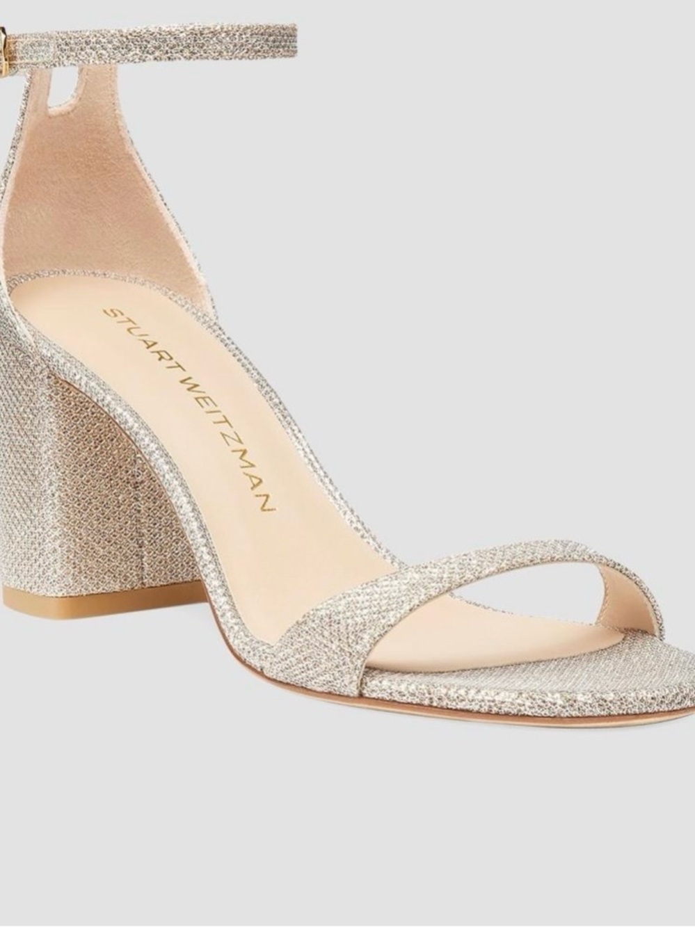 Stuart Weitzman Poudre Champagne Metallic Block Heel Sandal